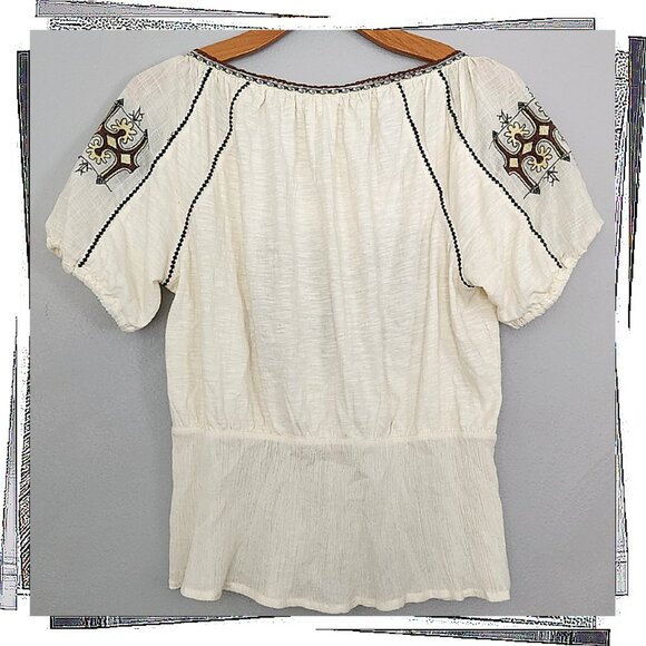 Cream Peasant Style Boho Top w/ Embroidery n' Tie (S) by C KEER - Picture 4 of 6